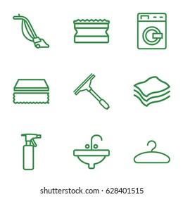 Household icons set. set of 9 household outline icons such as washing machine, spray bottle, window squeegee, sponge, vacuum cleaner, sink