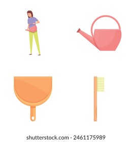 Household icons set cartoon vector. Woman doing household chore. Housework, housekeeping