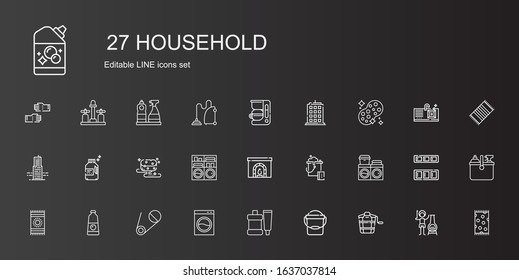 household icons set. Collection of household with bucket, toothpaste, washing machine, safety pin, detergent, beach towel, chimney, sponge. Editable and scalable household icons.