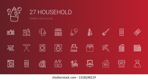household icons set. Collection of household with housekeeping, sink, window cleaner, building, beach towel, washing machine, cleaning. Editable and scalable household icons.