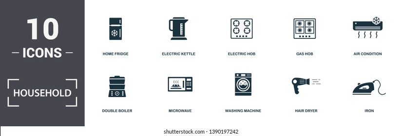 Household icons set collection. Includes simple elements such as Home Fridge, Electric Kettle, Electric Hob, Gas Hob, Air Condition, Microwave and Washing Machine premium icons.