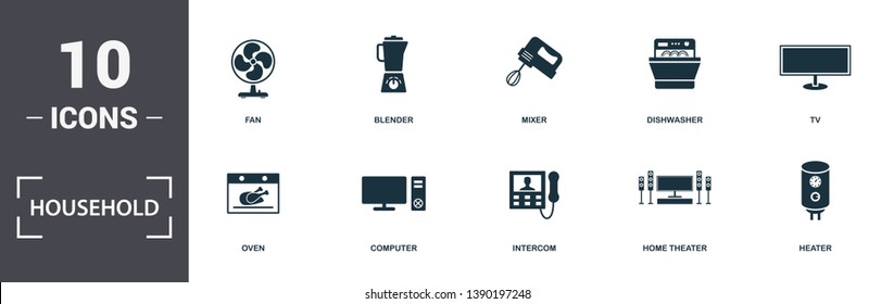 Household icons set collection. Includes simple elements such as Fan, Blender, Mixer, Dishwasher, Tv, Computer and Intercom premium icons.