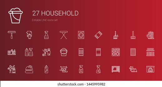 household icons set. Collection of household with microwave, window cleaner, sponge, detergent, iron, stove, washing machine, beach towel. Editable and scalable household icons.