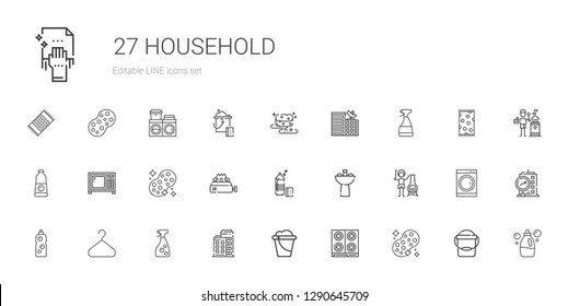 household icons set. Collection of household with sponge, stove, bucket, building, window cleaner, hanger, detergent, chimney, sink, microwave. Editable and scalable household icons.