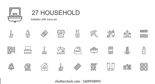 household icons set. Collection of household with toothpaste, washing machine, beach towel, broom, housekeeping, building, sink, iron, sewing machine. Editable and scalable household icons.