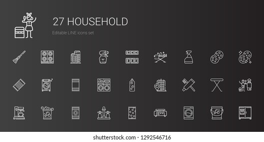 household icons set. Collection of household with washing machine, crepe maker, beach towel, sink, bucket, coffee maker, toothpaste, building. Editable and scalable household icons.