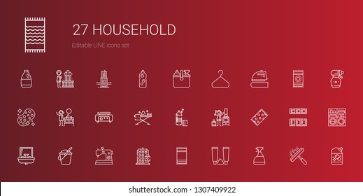 household icons set. Collection of household with window cleaner, toothpaste, beach towel, building, sewing machine, bucket, sink, stove. Editable and scalable household icons.
