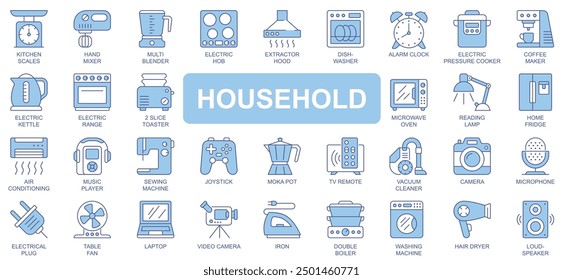 Household icons set in duotone outline stroke design for web. Pack pictograms of kitchen scales, mixer, blender, electric hob, dishwasher, alarm clock, coffee maker, lamp, other. Vector illustration.