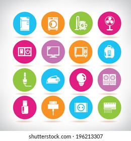 household icons set, electronic colorful buttons