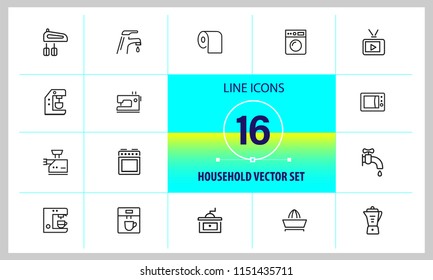 Household icons. Set of  line icons. Washing machine, TV set, sewing machine. Domestic appliances. Vector illustration can be used for topics like housework, housekeeping, technology