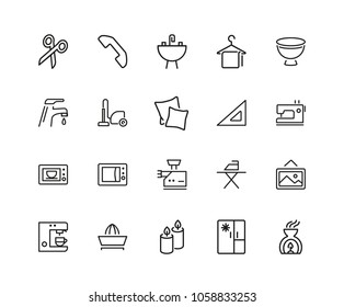 Household icons. Set of twenty line icons. Ironing, faucet, oven. Housekeeping concept. Vector illustration can be used for topics like home appliance, decoration, housecleaning.