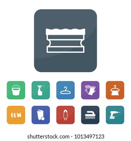 Household icons. vector collection filled household icons such as spray bottle, trash bin, sponge, gloves, hanger, drying clothes, clean brush, bucket, drill