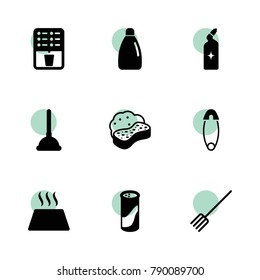 Household icons. vector collection filled household icons set.. includes symbols such as pitchfork, coffee, detergent bottle, sponge. use for web, mobile and ui design.