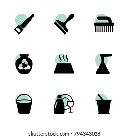 Household icons. vector collection filled household icons set.. includes symbols such as bucket, garbage, dishes wash, scraper, plunger. use for web, mobile and ui design.
