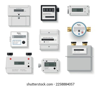 Household and industrial meter set realistic vector illustration. Gas water electric power equipment supply control measurement panel efficient consumption scale current flow check accounting rate