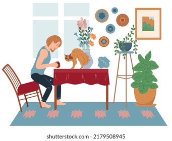 Heridas domésticas composición plana con el carácter de la mujer que recibe té que se derrama antes del gato en la ilustración del vector de mesa