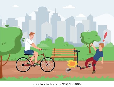 Household Injuries Flat Composition With Cityscape Background Urban Park View With Bike And Damaged Kick Scooter Vector Illustration