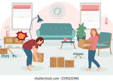 Household injuries flat composition with indoor view of living room renovation with woman getting back hurt vector illustration