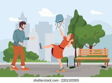 Household injuries flat composition with outdoor city park scenery and woman slipping down on banana skin vector illustration