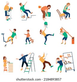 Household injuries flat set of isolated icons with characters of people getting civilian traumas at home vector illustration