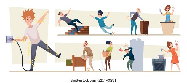 Household injuries. Home accidents problems with damaged house tools danger conceptual symbols exact vector cartoon illustration of people in action poses