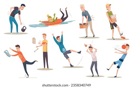 Household injuries. Isolated icons of home trouble. Warning about possible dangerous situations. People characters getting civilian traumas. Vector illustration of various accidents