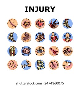 household injury accident human icons set vector. risk electric, hand fall, shock cooking, home chemical, body healing, thermal household injury accident human color line illustrations