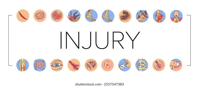 household injury accident human icons set vector. risk electric, hand fall, shock cooking, home chemical, body healing, thermal household injury accident human color line illustrations