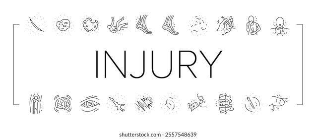 household injury accident human icons set vector. risk electric, hand fall, shock cooking, home chemical, body healing, thermal household injury accident human black contour illustrations