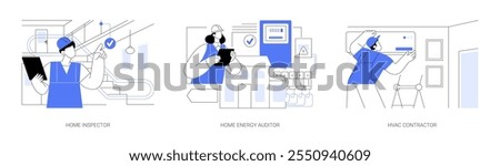 Household inspection isolated cartoon vector illustrations set. Home inspector examining house condition, professional home energy audit, HVAC contractor installs air-conditioning vector cartoon.