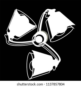 Household, interior object icons, white set isolated on black background. Chandelier with three shades