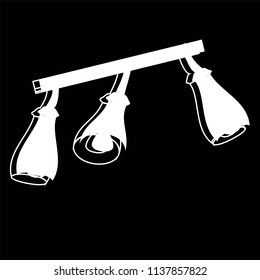 Household, interior object icons, white set isolated on black background. Triple chandelier