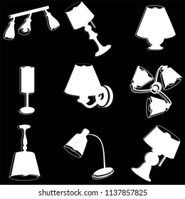 Household, interior object icons, white set isolated on black background