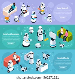 Household isometric banners set of home robots engineered for people assistance and convenience vector illustration 