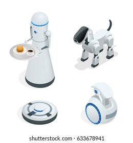 Household isometric robots engineered for people assistance and convenience. Set of vector illustration