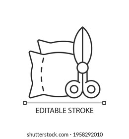 Household items and alterations linear icon. Upholstery production. Clothing alteration services. Thin line customizable illustration. Contour symbol. Vector isolated outline drawing. Editable stroke