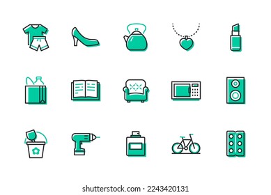 Household items and appliances - set of line design style icons isolated on white background. Images of clothing and footwear, lipstick, kettle, armchair, microwave oven, perfume, bicycle, medicines