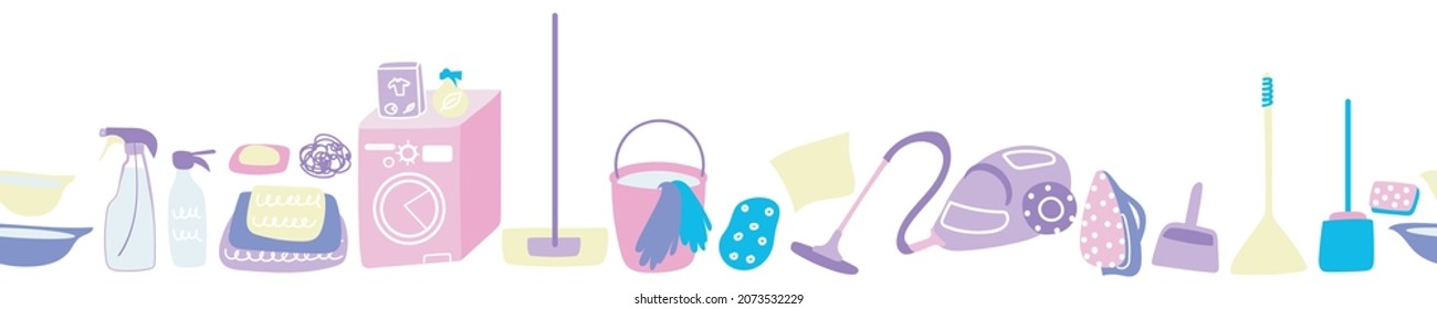 Household items for cleaning decorative seamless border in vector
