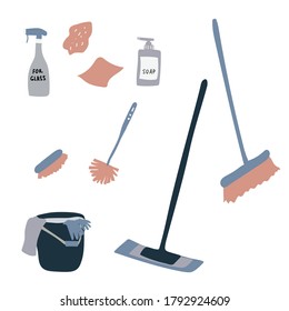 Household items for cleaning and washing. Rags, mop, soap, brush, bucket, window cleaner. Vector stock illustration on white background.