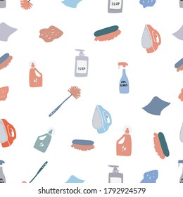 Household items for cleaning and washing seamless pattern. Rags, mop, soap, brush, bucket, window cleaner. 