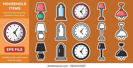 Household items icon set vector illustration featuring home lamps, mirror, clock, and lighting decor