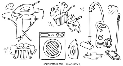 Household items set: vacuum cleaner, mop, washing machine, laundry basket, iron, ironing board. Isolated vector, white background. Hand drawn black outline. Housework, cleaning tools, domestic chores.