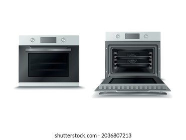 Household kitchen appliance cooker range combining stove and oven with opened and closed door realistic vector illustration