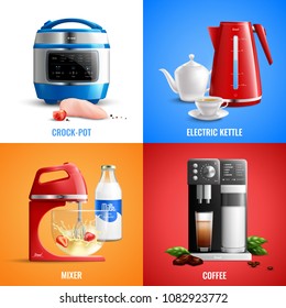 Household kitchen appliances 2x2 design concept set of coffee machine mixer electric kettle crock pot realistic vector illustration 