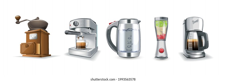 Household kitchen appliances icon set. Coffee maker, Electric kettle, Retro coffee grinder, blender, coffee machine. Realistic vector illustration 