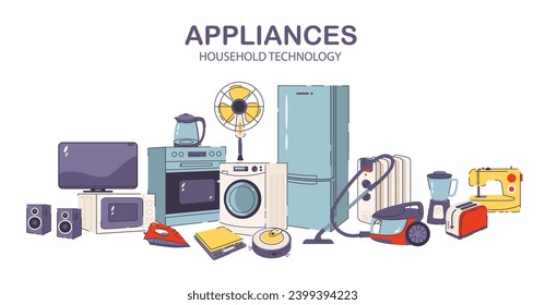 Household and kitchen appliances set. Banner with electrical devices. Flat vector illustration
