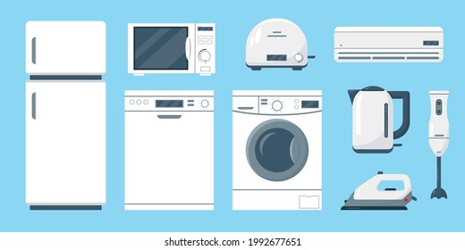 Household kitchen appliances set. Icons isolated on blue background. White refrigerator or fridge, washing and dishwasher machine, microwave, kettle, blender, iron and toaster. Vector illustration.