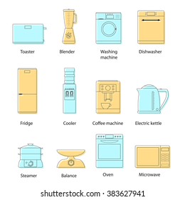 Household kitchen appliances. Set of linear icons. The black strokes. Blue and orange color. Appliances. Modern technology. Assistants Housewives. Vector illustration.