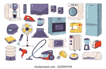 Household and kitchen appliances set. Microwave, washing machine, vacuum cleaner, coffee machine, blender, iron, etc. Flat vector style
