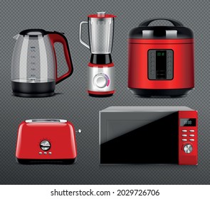 Household kitchen appliances set with realistic icons of electric kettle microwave oven toaster blender and crockpot vector illustration